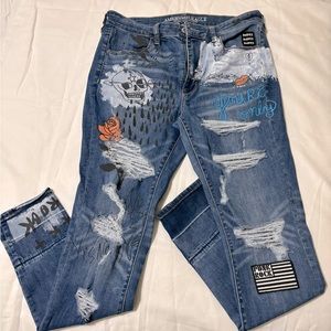 AEO American Eagle Graffiti Patched Destroyed Hi-Rise Super Stretch Jegging 12